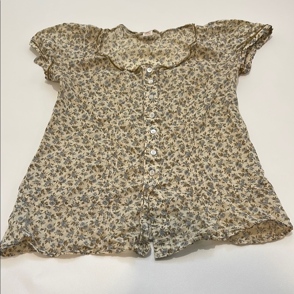Sundance Cream and Brown Floral Silk Blend Blouse with Ruffled Neckline